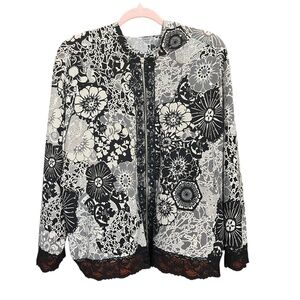 Black & Cream Floral Shiny Decal Lace Bead Accents Lightweight Jacket Size XL